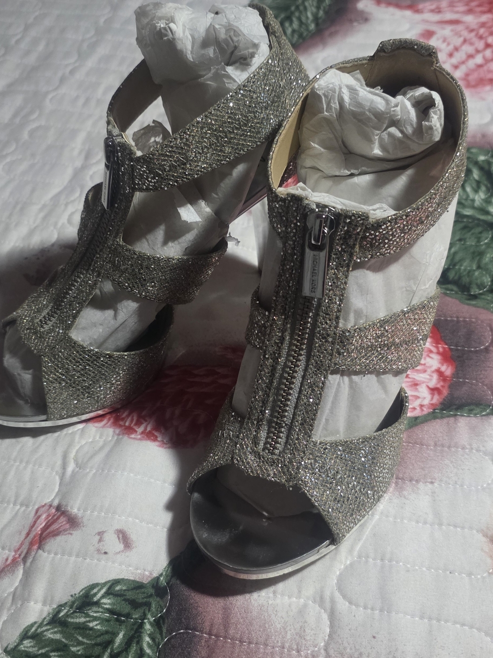 Michael Kors Silver Glitter Zip Front Peep-Toe Heels